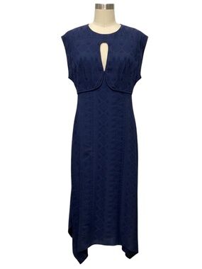 BA&SH BLUE INAIA ASYMMETRIC JACQUARD MIDI DRESS WITH KEYHOLE DETAIL